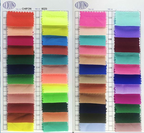 Các màu vải Chifon - Vải Lê Dương  - Công Ty TNHH Sản Xuất Thương Mại Dệt May Lê Dương